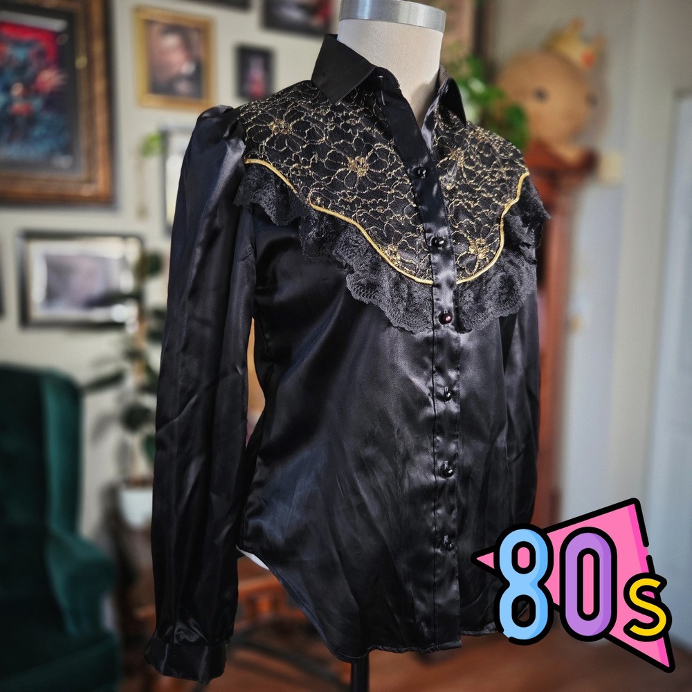 Panhandle Slim Western Shirt Vintage 80s Black Satin Lace Yoke Gothic Cowgirl 10